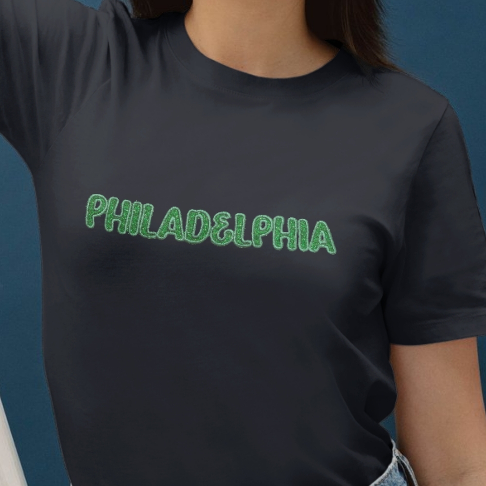 Custom Made Embroidered Philadelphia T-Shirt With Glitter.
